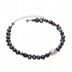 Perlový náramek černé barokní perly, ocelové _lanko, 17-19 cm, nerzová ocel