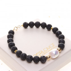 KR329_02_Unisex náramek lávové kameny s perlou zlacené stříbro