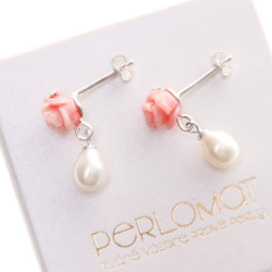 PP097_04_Perlové náušnice s korálovou růží a perlami - kompenzace asymetrie, 925